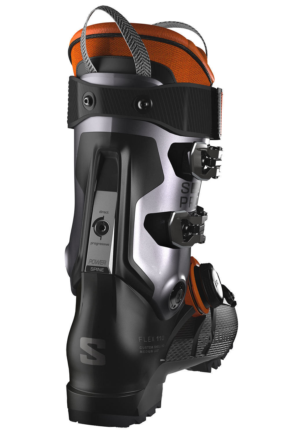 Black ski boot with orange accents on a white background