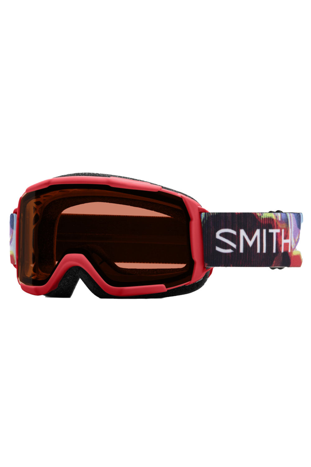 Red goggles with a colorful strap on a white background