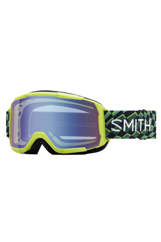 Smith ski goggles with green frame and blue mirror lens on a white background