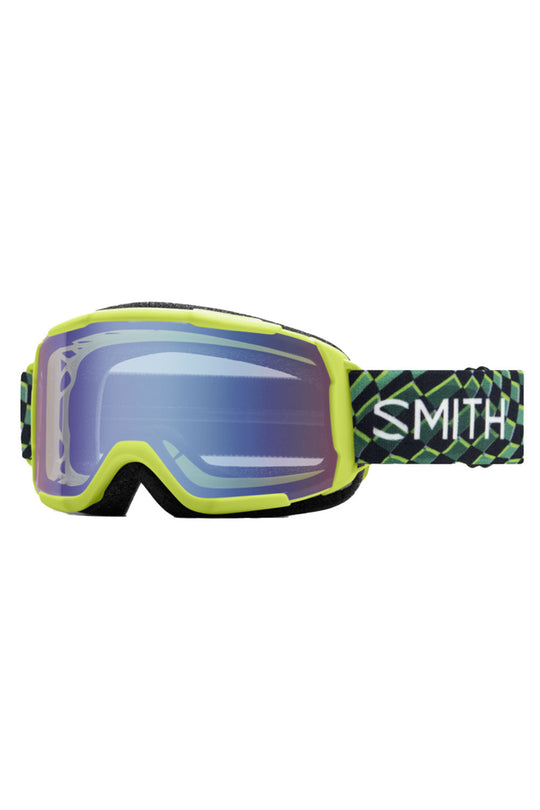 Smith ski goggles with green frame and blue mirror lens on a white background