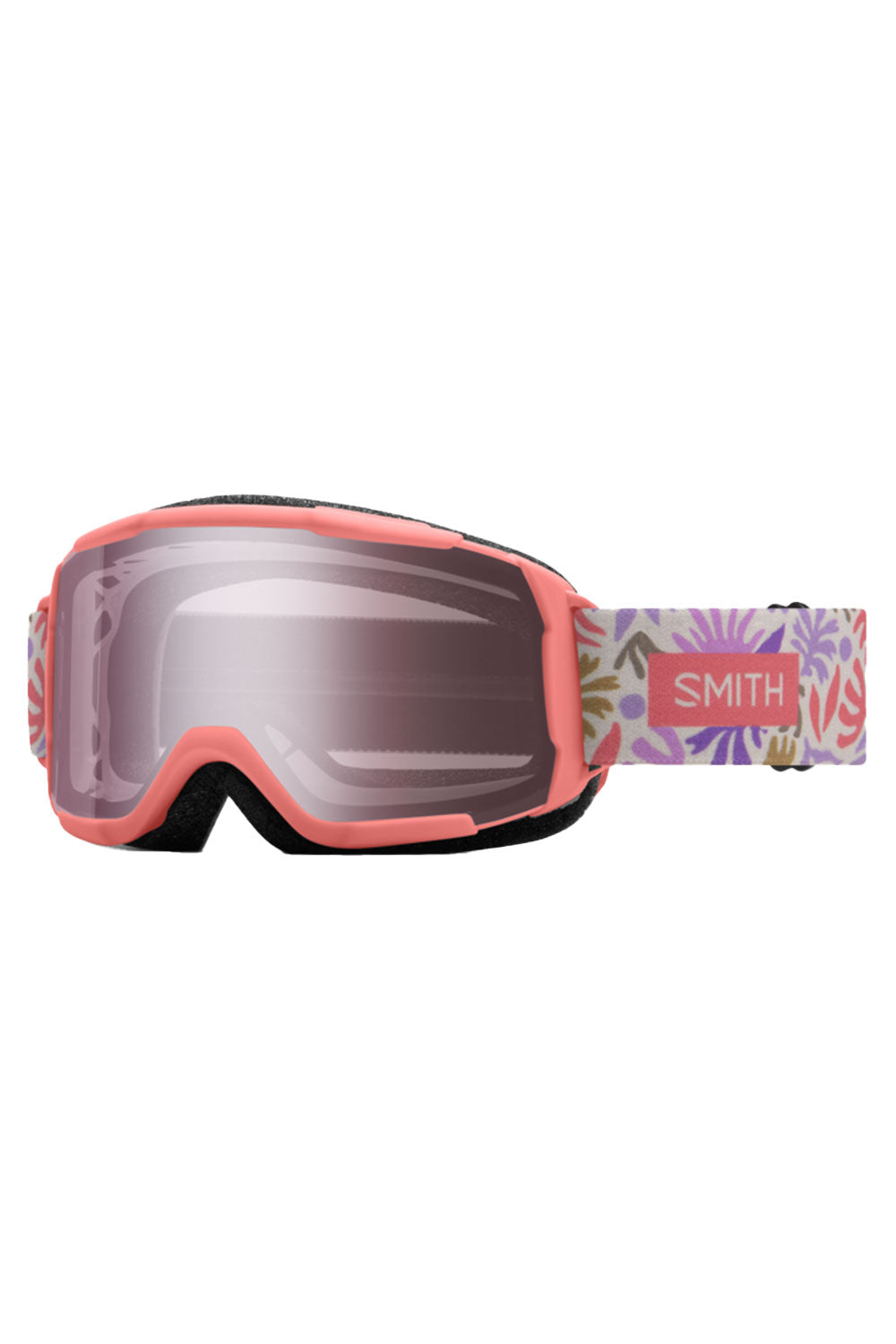 Smith ski goggles with floral strap on a white background