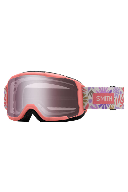 Smith ski goggles with floral strap on a white background