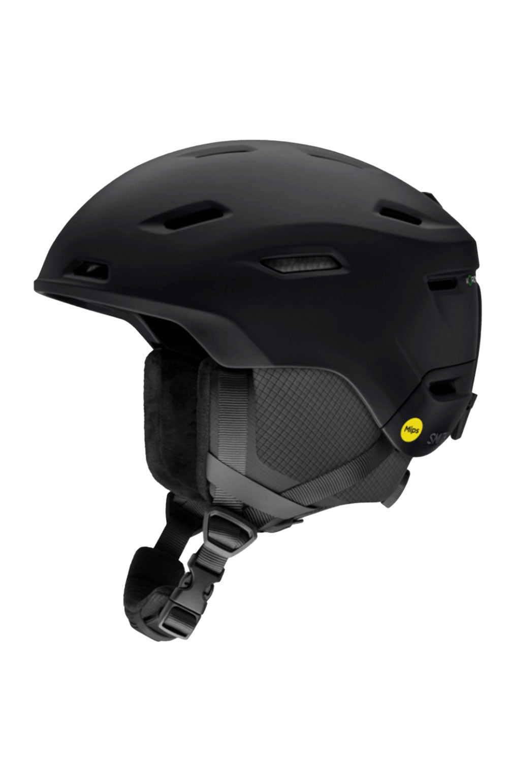 Black helmet with a yellow label on a white background