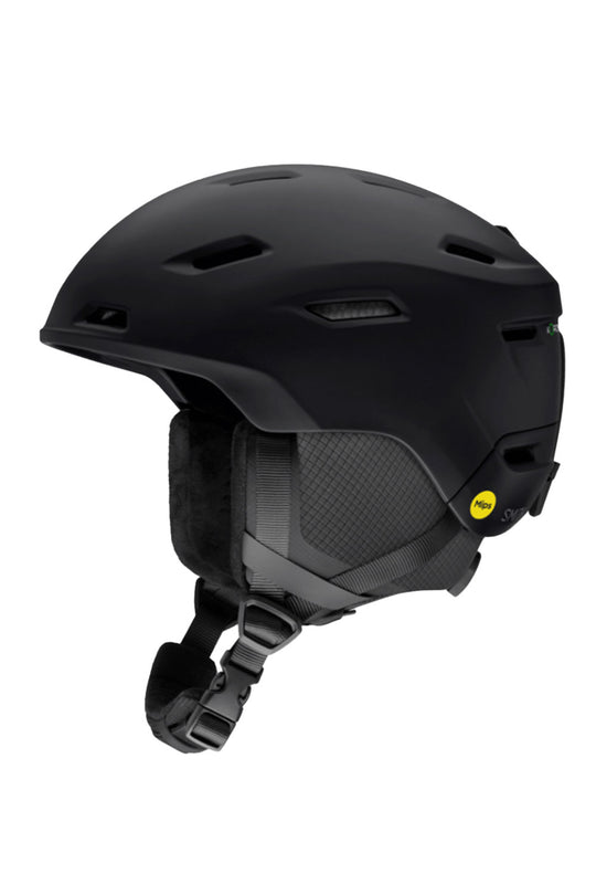 Black helmet with a yellow label on a white background