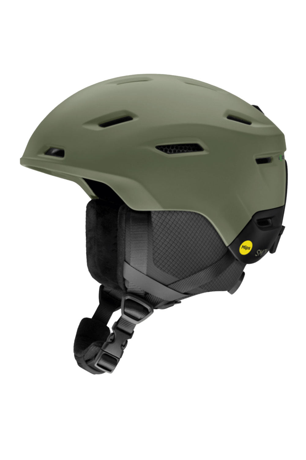 Green helmet with black chin strap on a white background