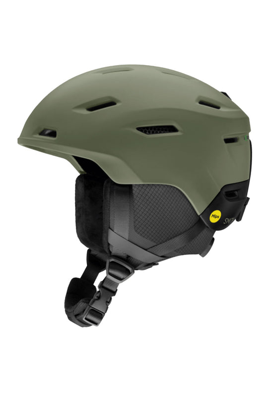 Green helmet with black chin strap on a white background