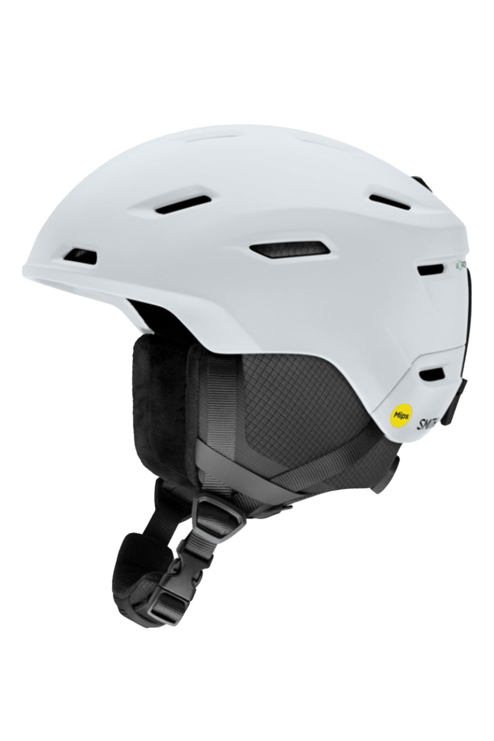 White helmet with black interior and chin strap on a white background