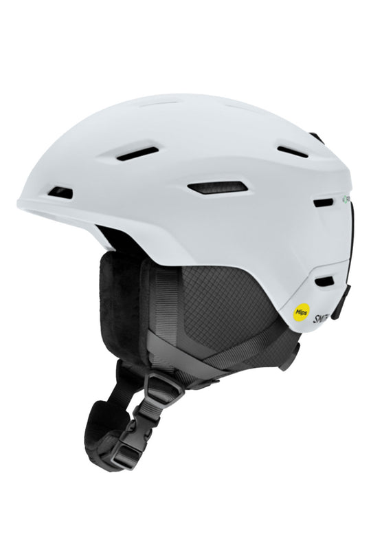 White helmet with black interior and chin strap on a white background