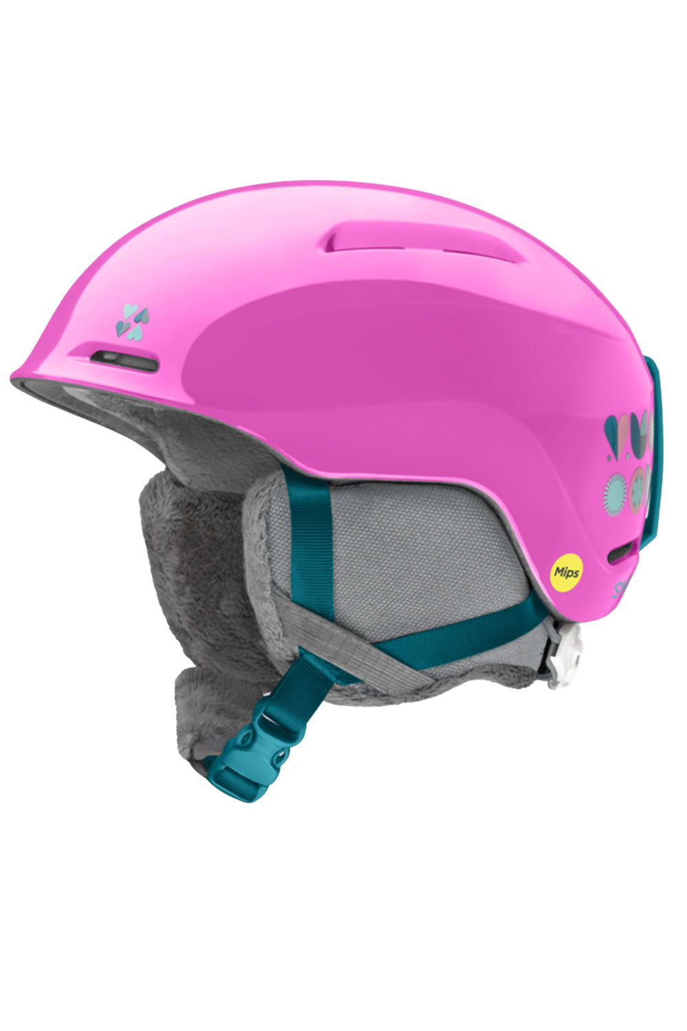 Pink helmet with gray interior and blue straps on a white background