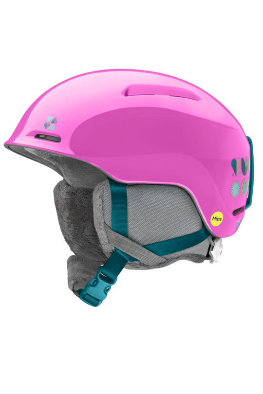 Pink helmet with gray interior and blue straps on a white background