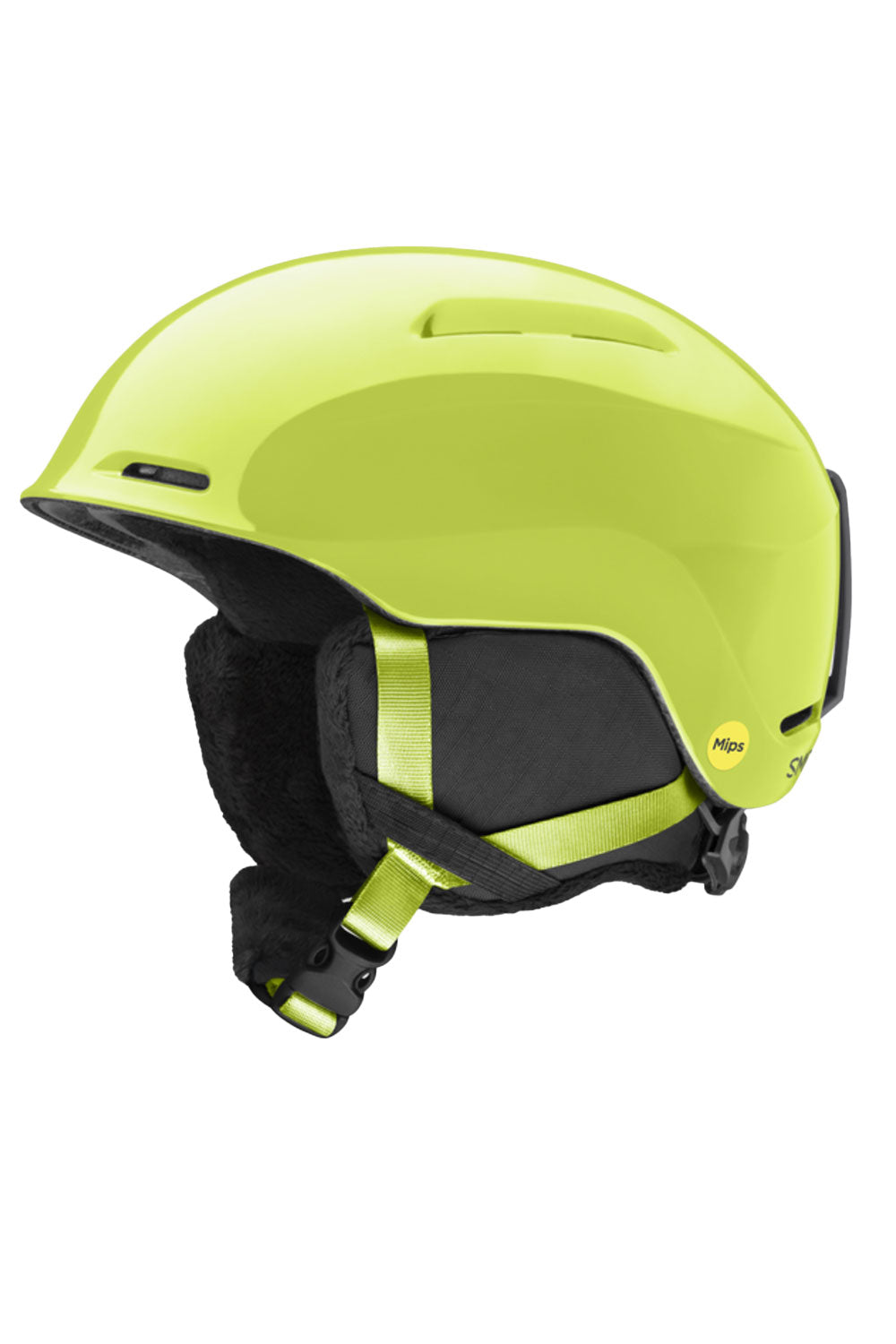 Lime green helmet with black straps on a white background