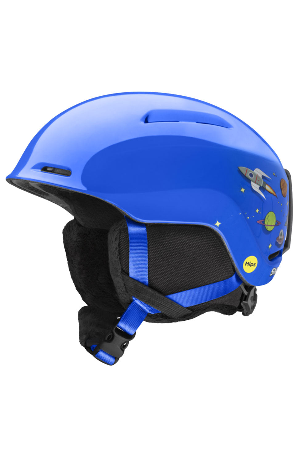 Blue helmet with space-themed stickers on a white background
