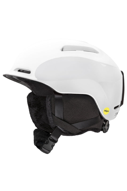 White helmet with black chin strap on a white background