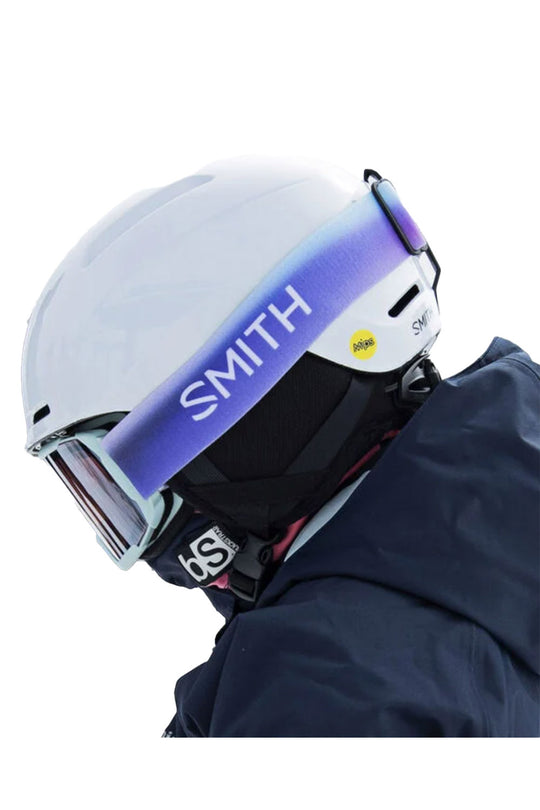White and purple Smith helmet with a visor on a white background