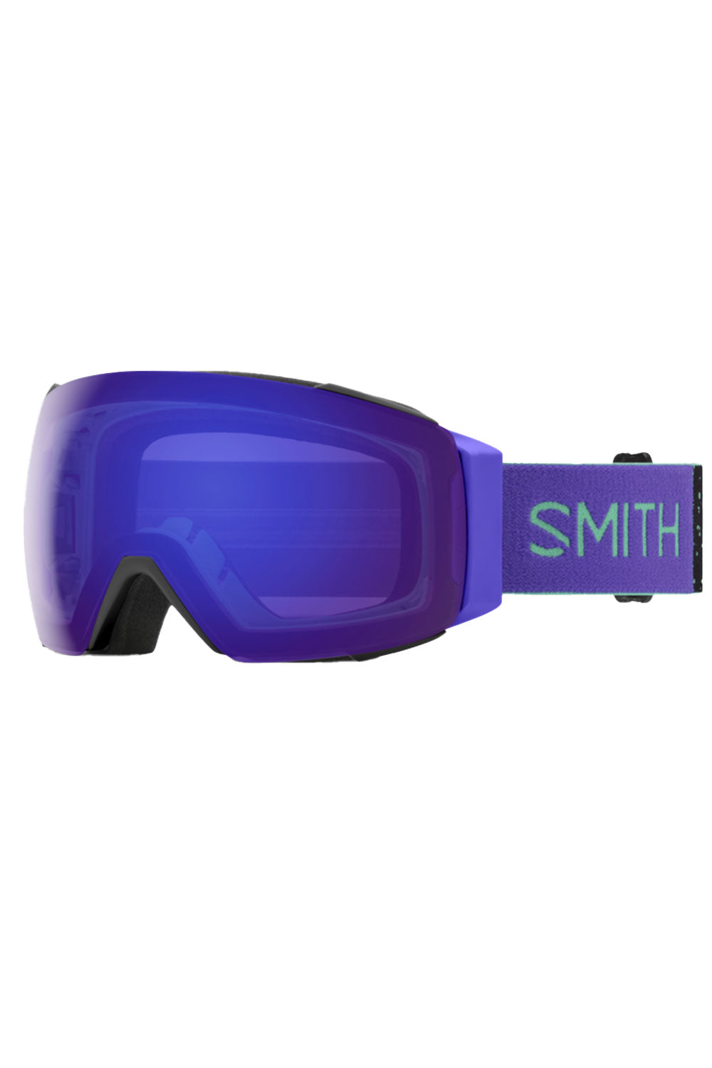 Purple goggles with a blue lens on a white background