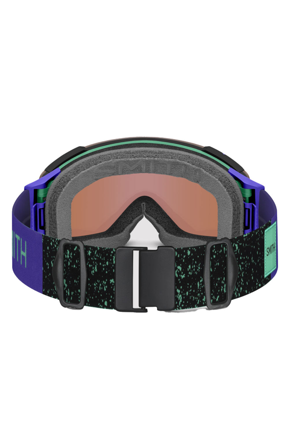 Smith snow goggles with purple strap on a white background