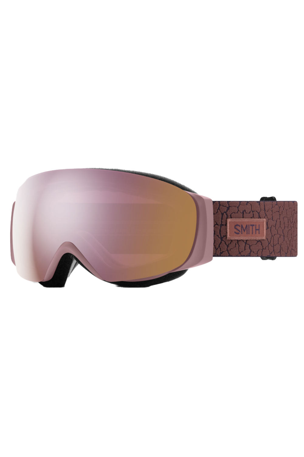 Pink ski goggles with a brown strap on a white background