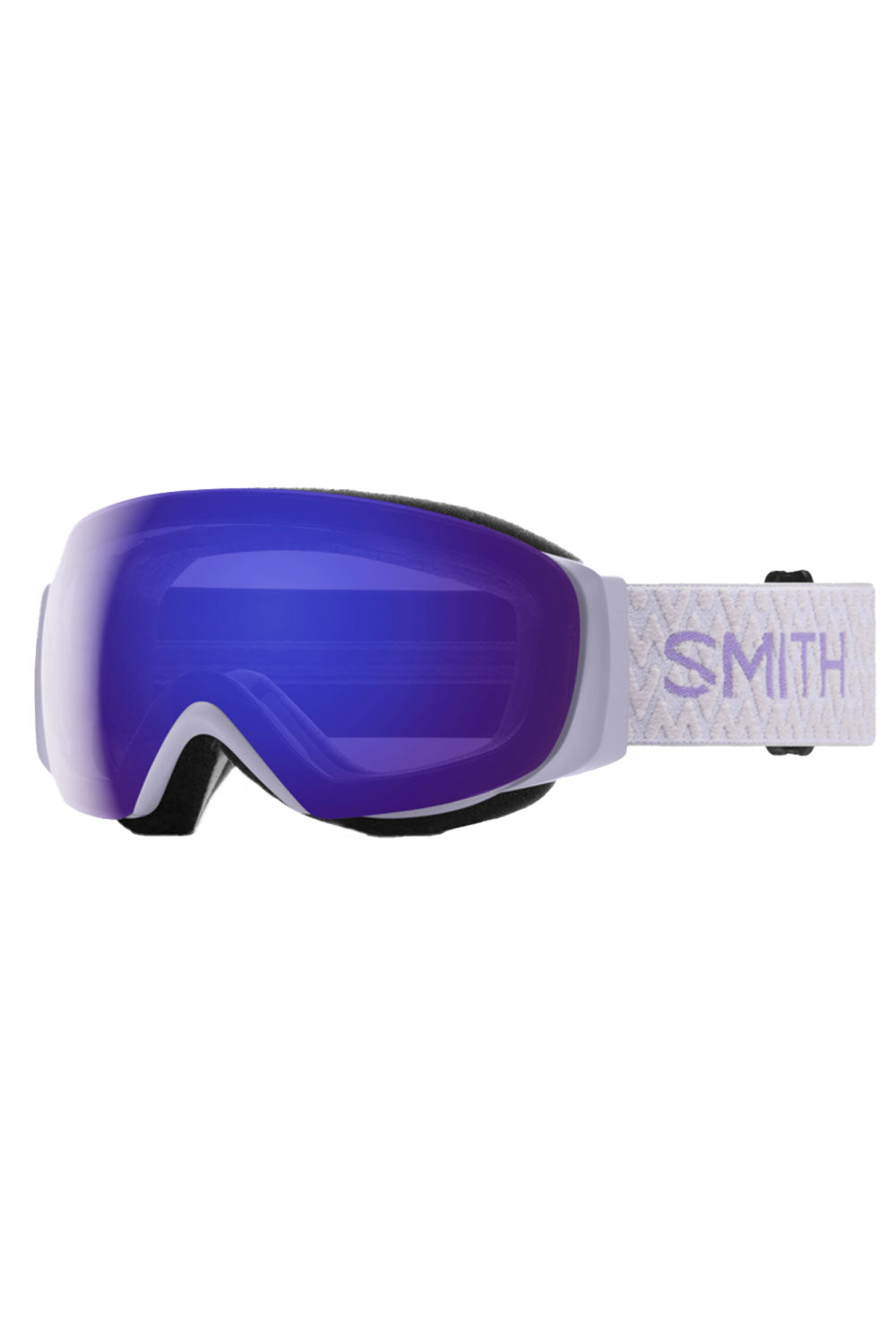 Smith ski goggles with blue lens and white frame on a white background