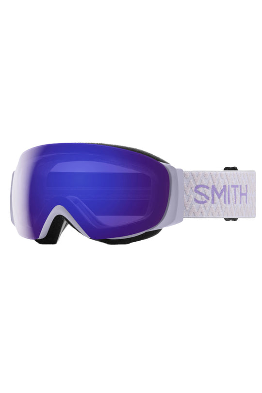 Smith ski goggles with blue lens and white frame on a white background