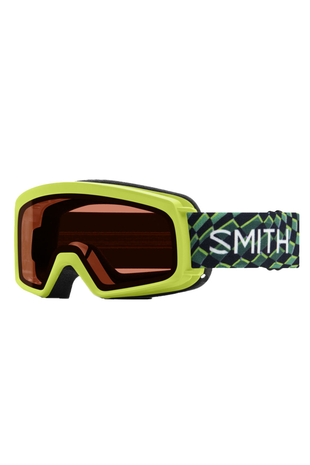 Smith goggles with green frame and brown lenses on a white background