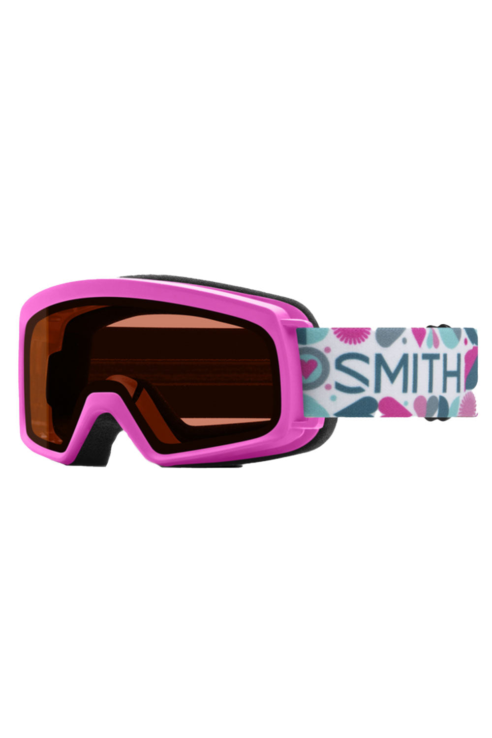 Pink goggles with a colorful strap on a white background