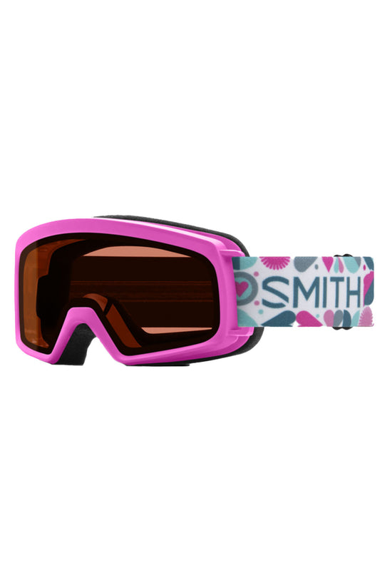 Pink goggles with a colorful strap on a white background