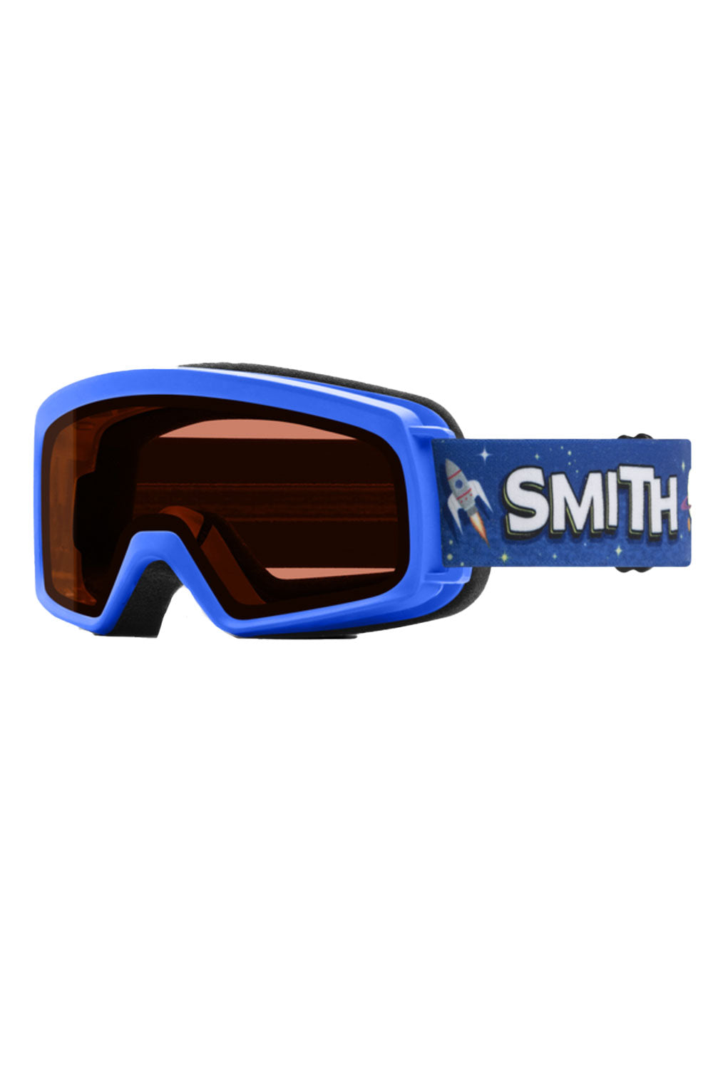 Blue Smith ski goggles with a white background