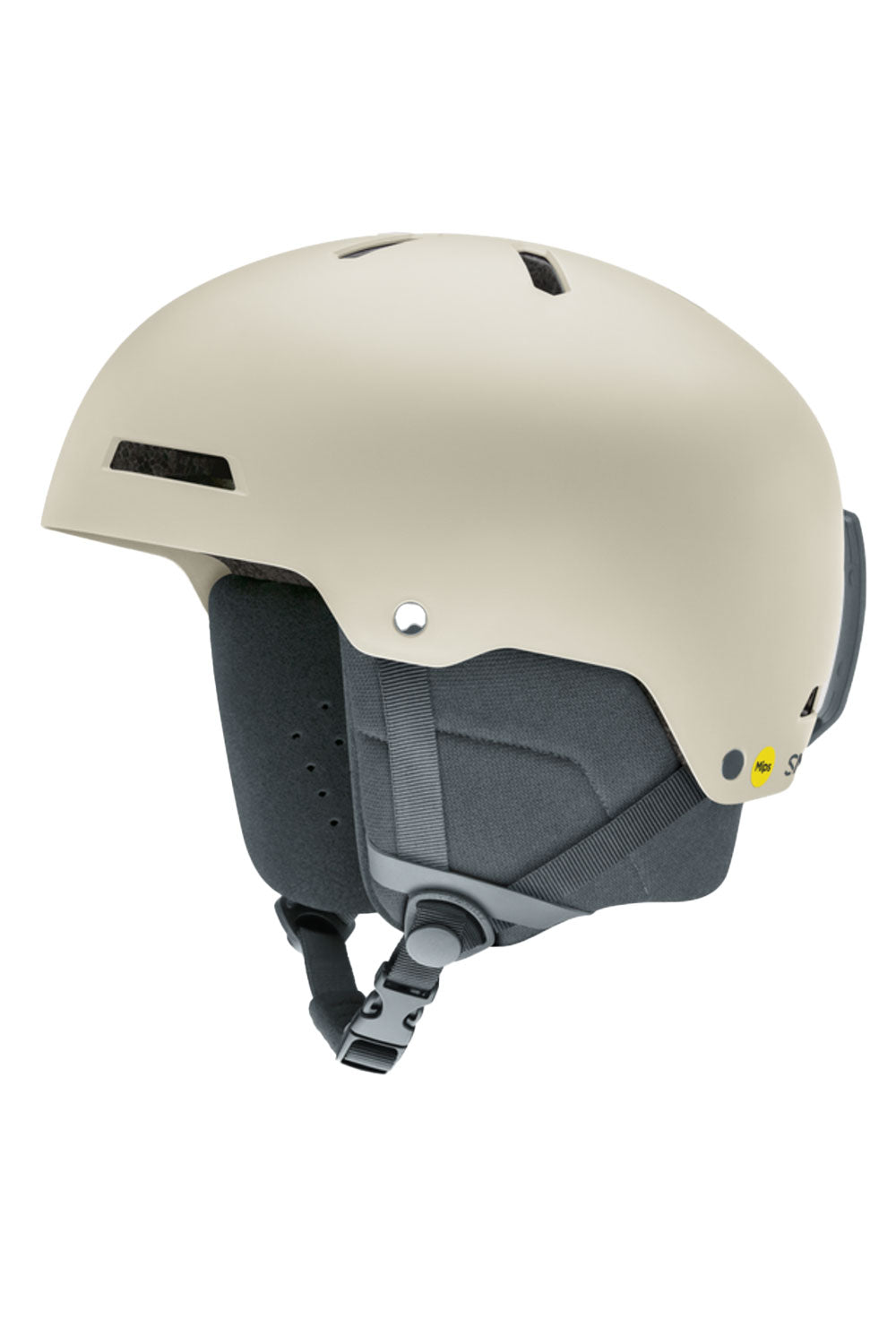 Beige helmet with gray interior and black straps on a white background