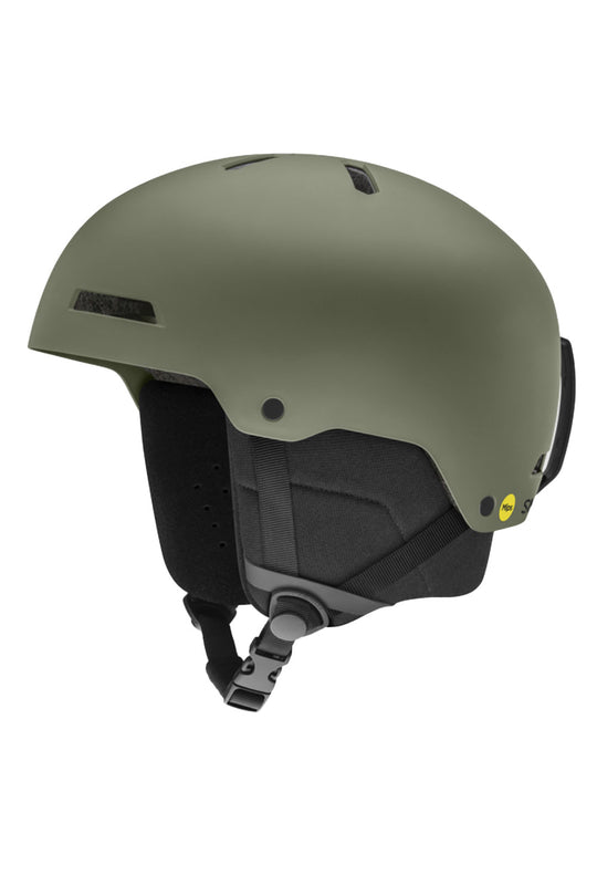 Green helmet with black interior and chin strap on a white background