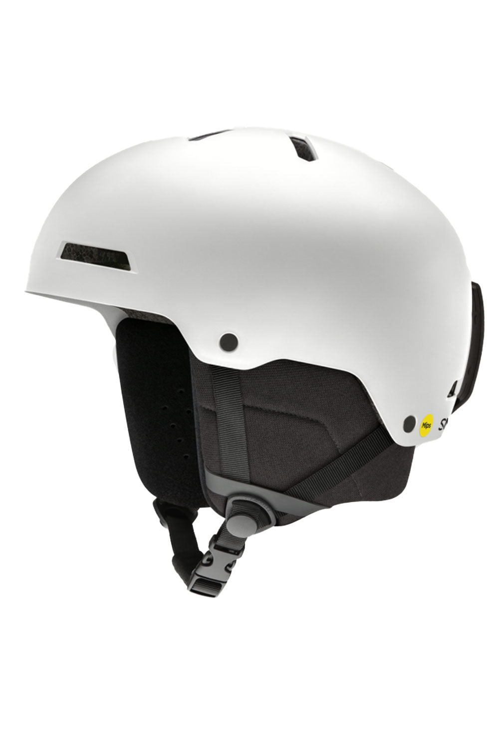 White helmet with black interior and chin strap on a white background