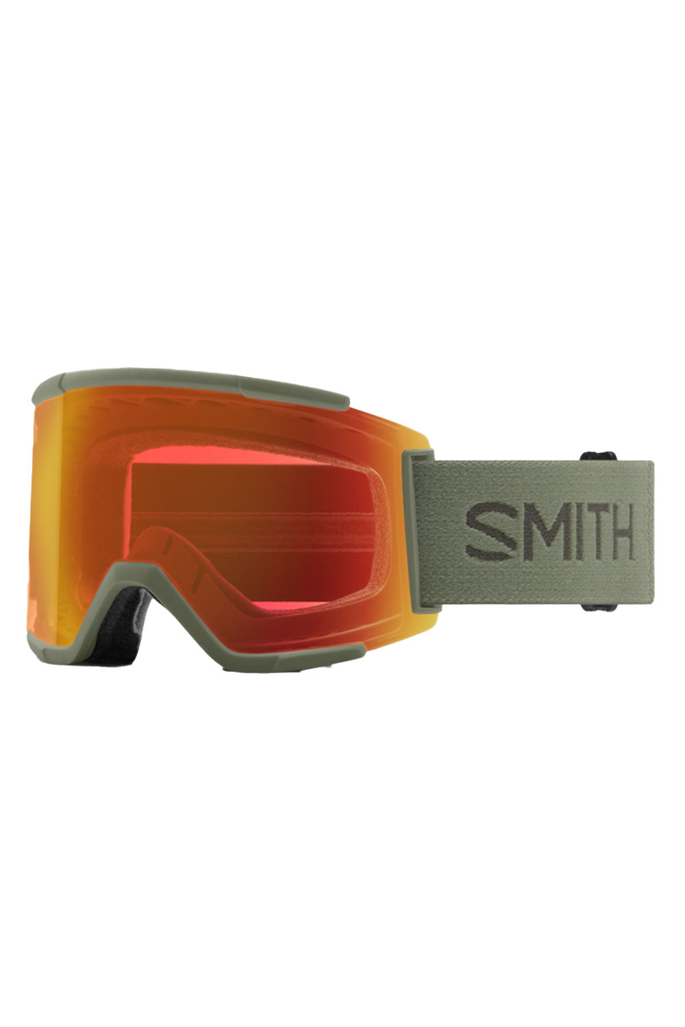 Smith snow goggles with orange lens and green frame on a white background
