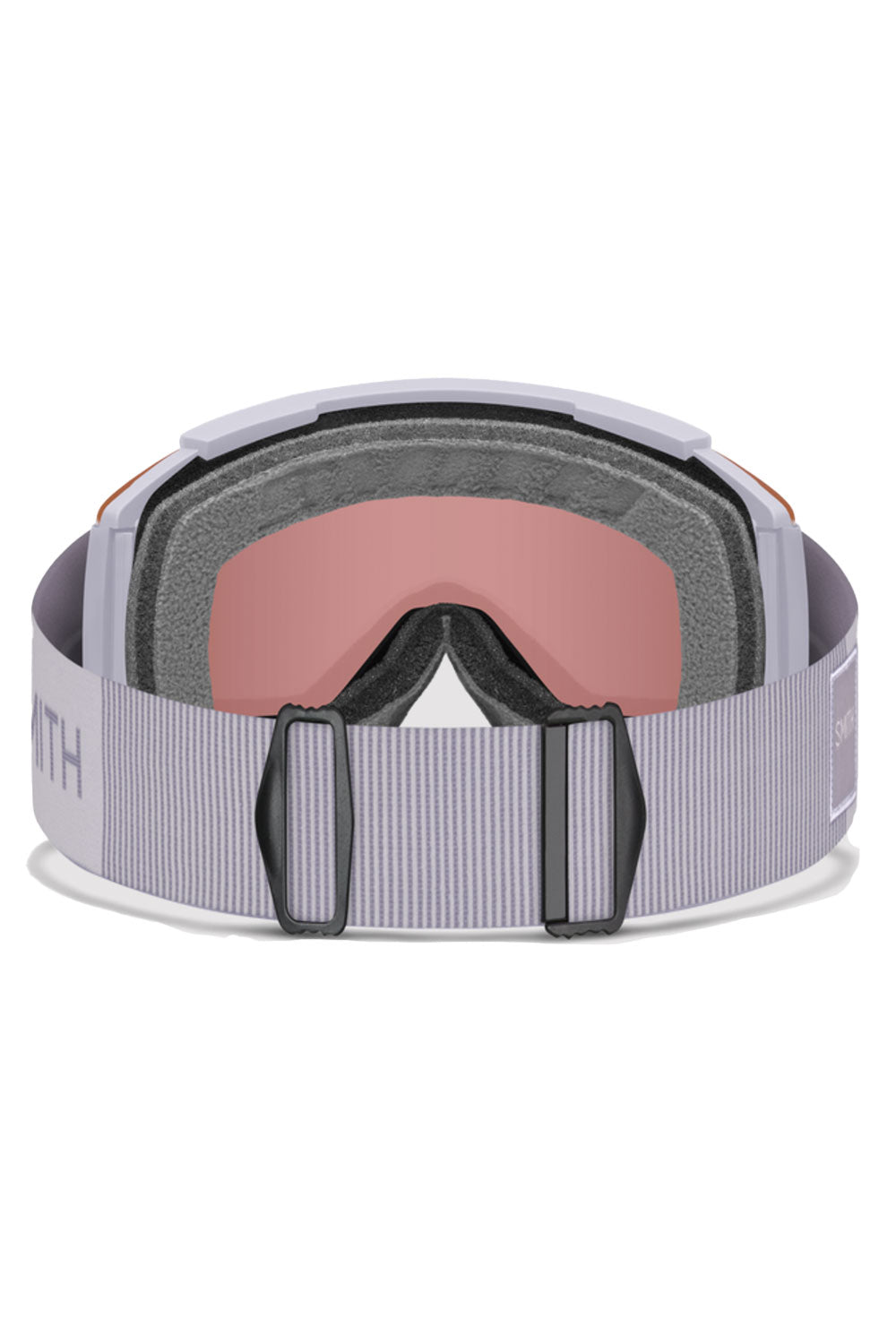Smith snow goggles with pink lens and gray strap on a white background