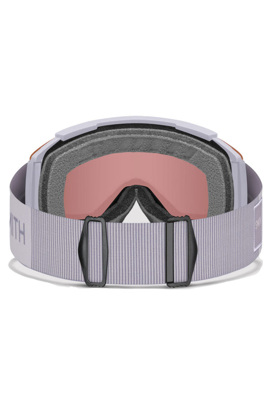 Smith snow goggles with pink lens and gray strap on a white background