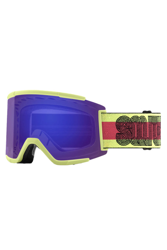 Purple goggles with a red and yellow strap on a white background
