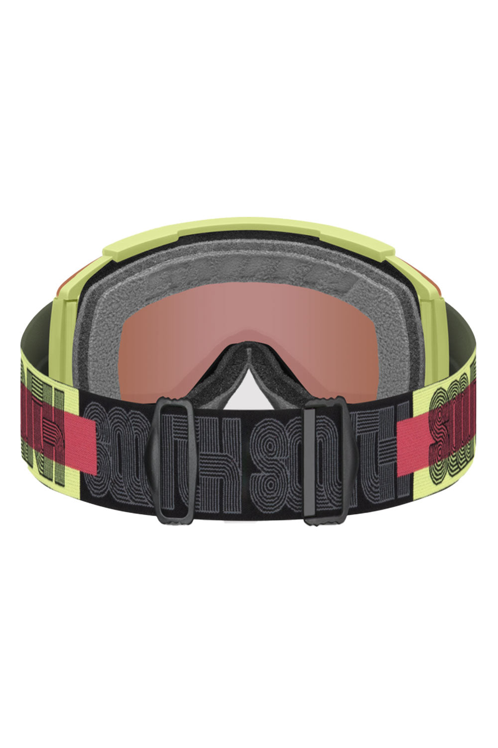 Ski goggles with a colorful strap on a white background