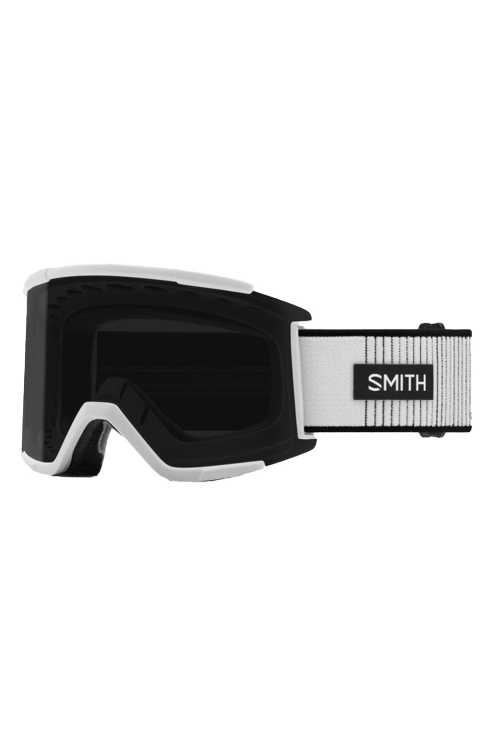 Black and white ski goggles with 'Smith' logo on a white background