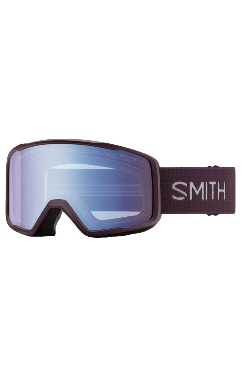 Smith ski goggles with a reflective blue lens on a white background