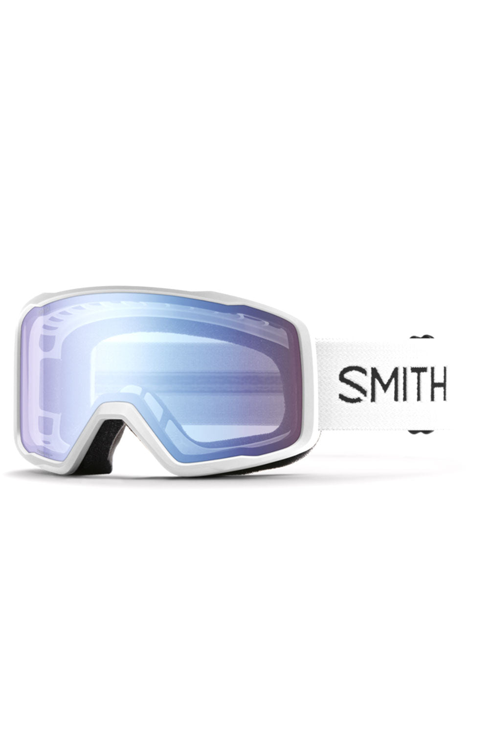 Smith snow goggles with a white frame and blue lens on a white background
