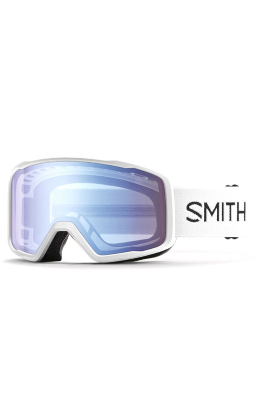 Smith snow goggles with a white frame and blue lens on a white background
