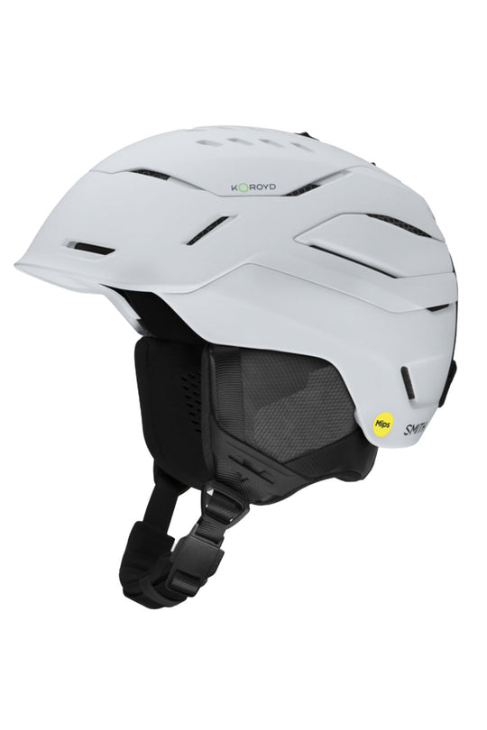 White helmet with black interior and chin strap on a white background