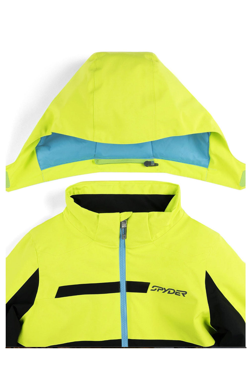 Yellow jacket with blue interior and Spyder branding on a white background