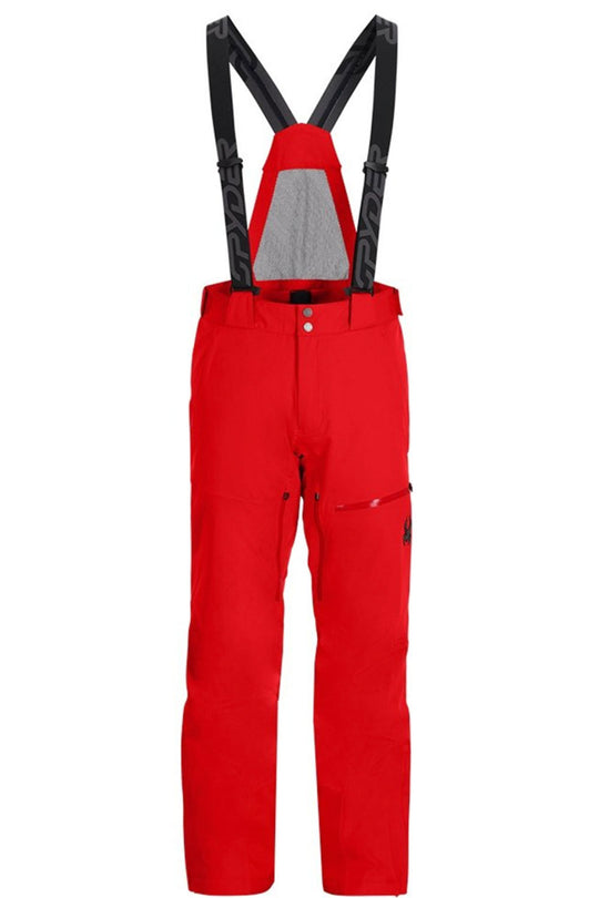 Red snow pants with black suspenders on a white background