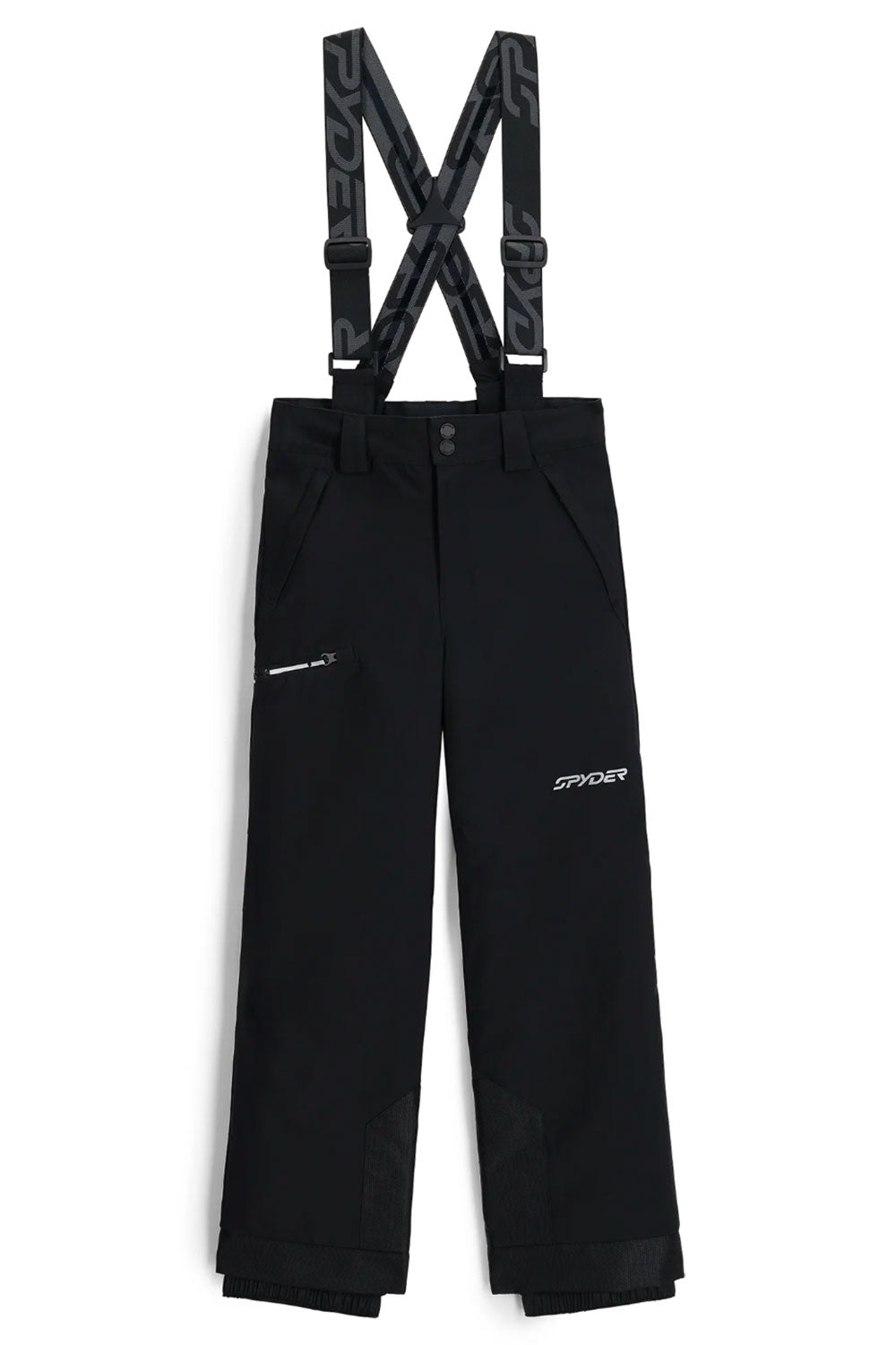 Black snow pants with suspenders on a white background