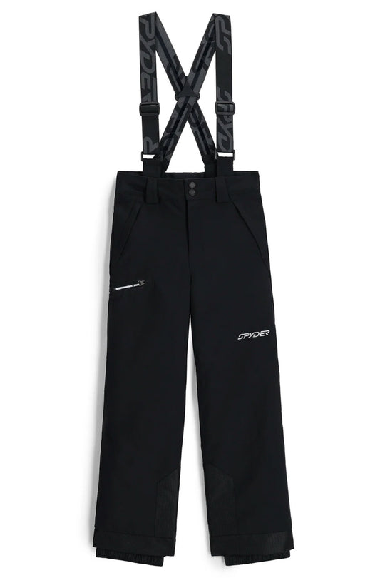 Black snow pants with suspenders on a white background