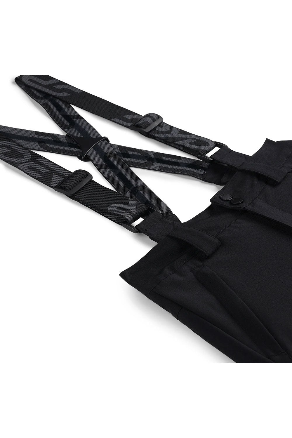 Black suspenders with visible branding on a white background