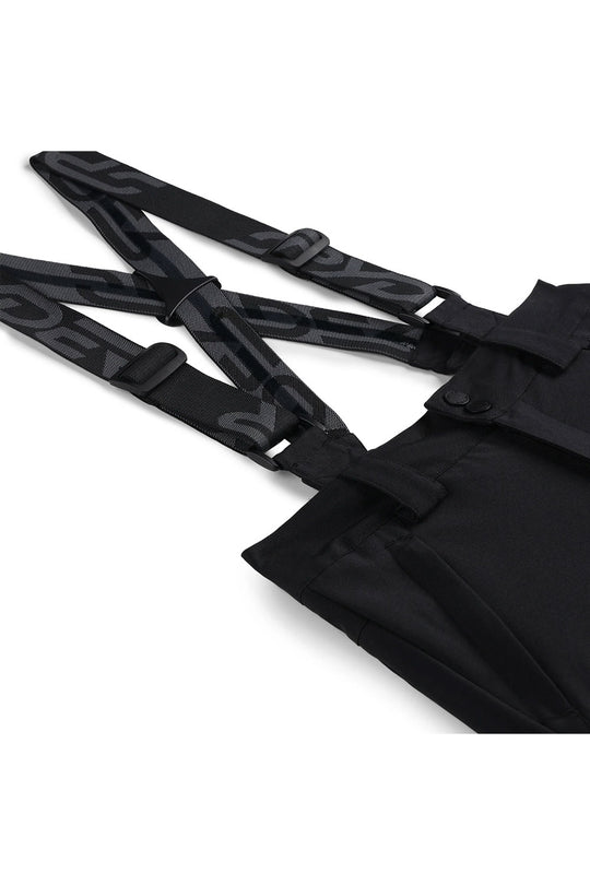 Black suspenders with visible branding on a white background