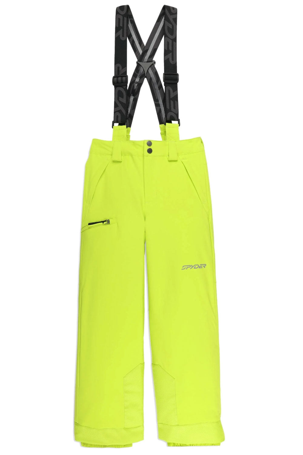 Yellow snow pants with black suspenders on a white background