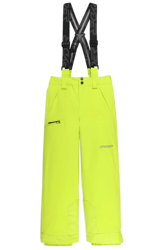 Yellow snow pants with black suspenders on a white background