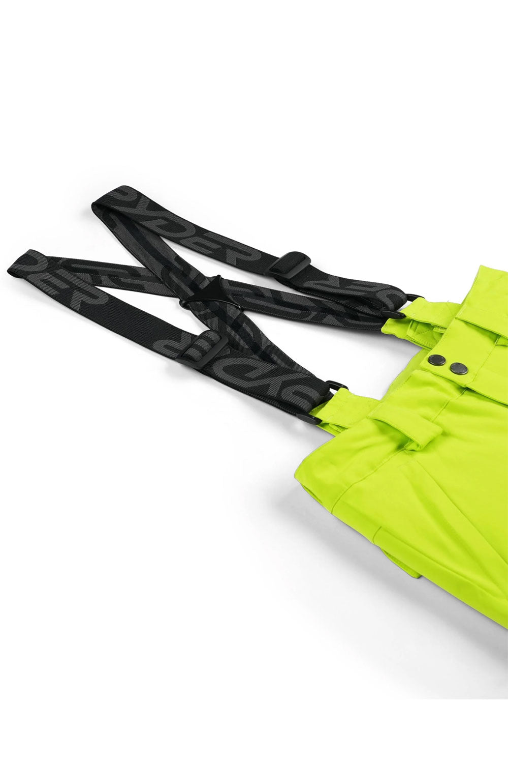 Close-up of a green ski bib with black straps on a white background
