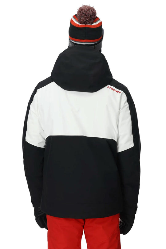 Person wearing a black and white jacket with red pants on a white background